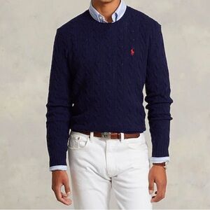 Polo by Ralph Lauren Navy Cable-Knit Crewneck Sweater with Red Logo